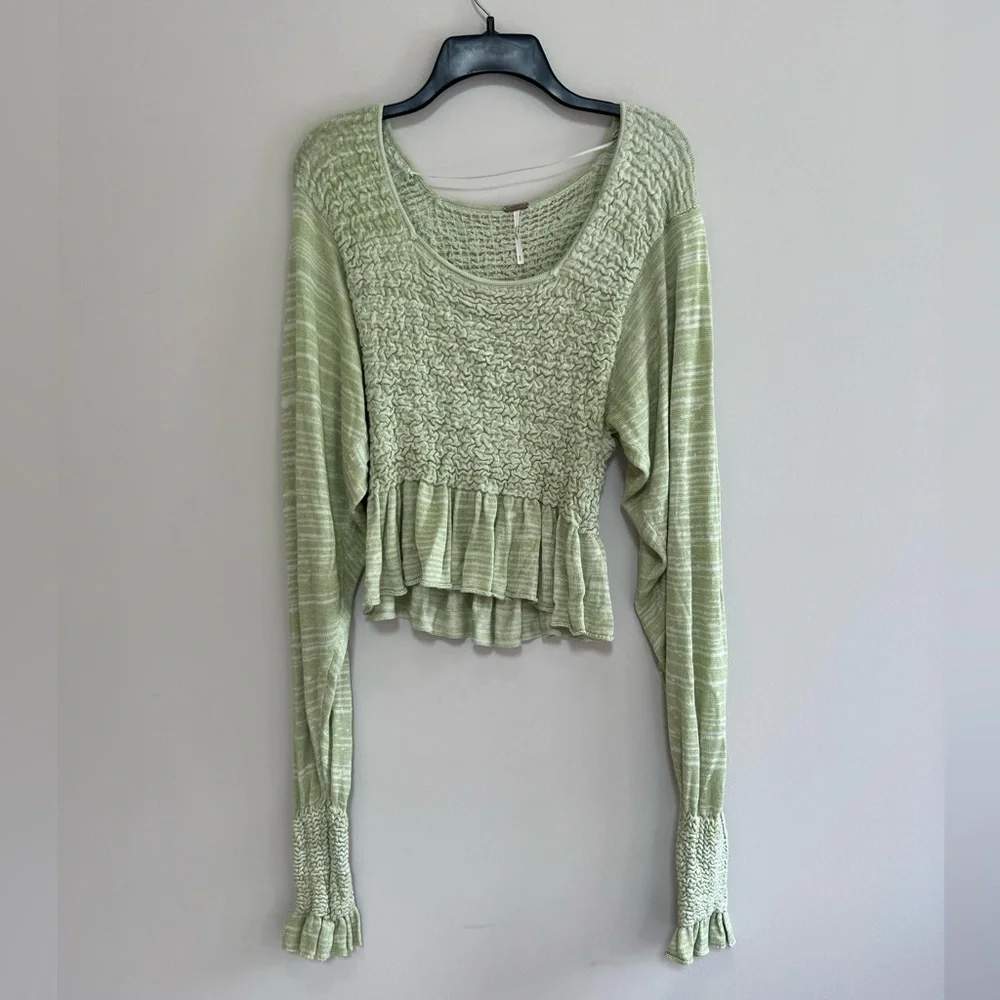 Free People Free Spirit Smocked Knit Peplum Sweater Crop Top, Seafoam Green, S